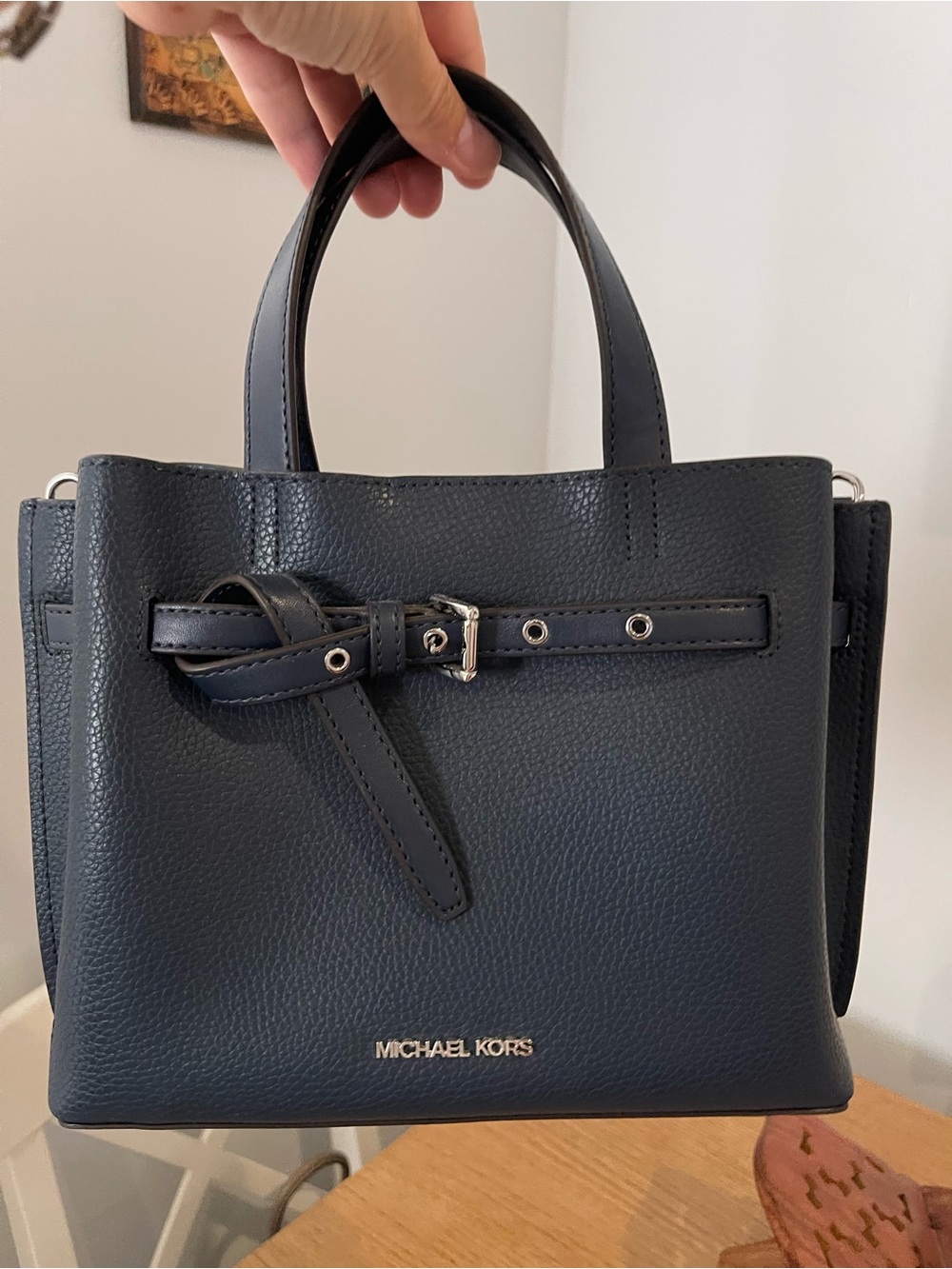 Michael Kors Navy Pebbled Leather Satchel with Belt Detail
